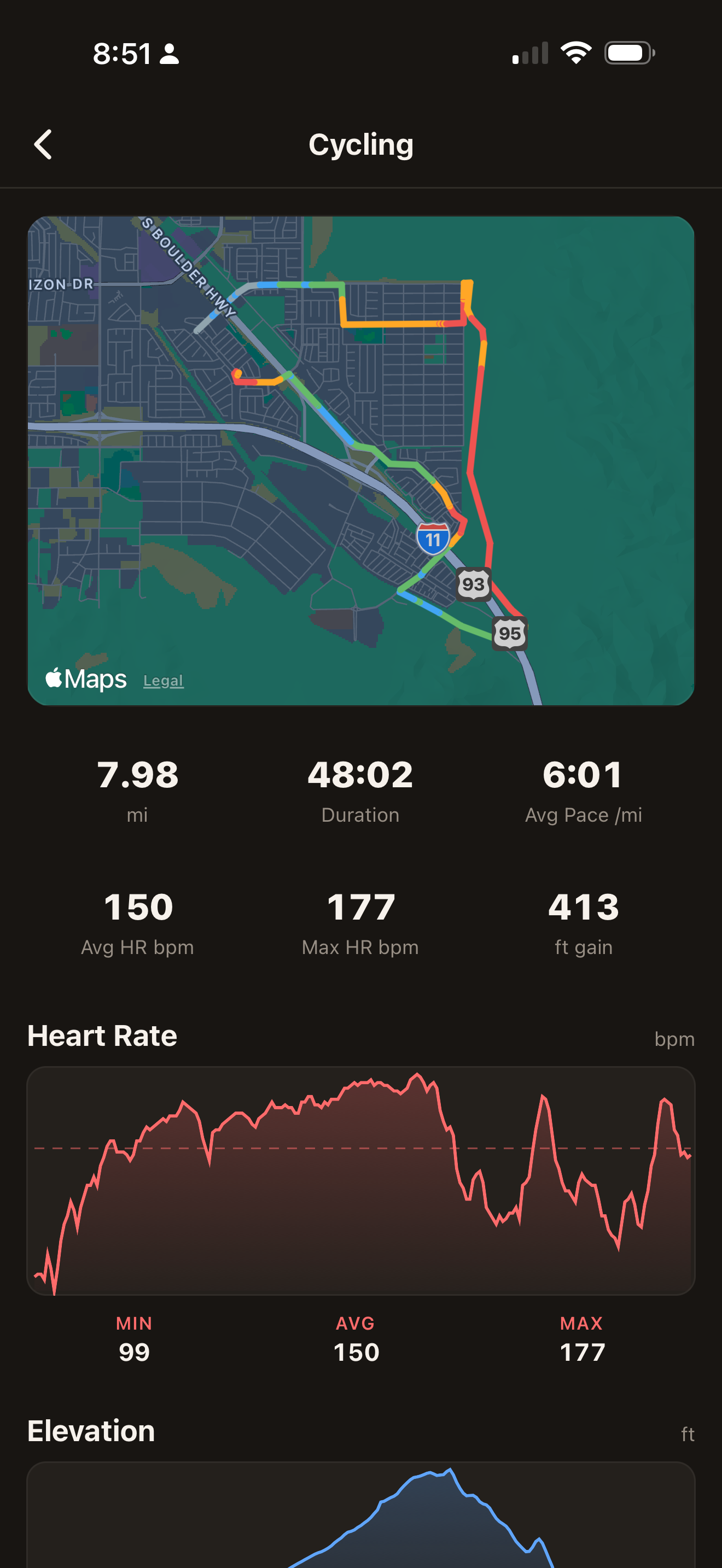 Cardio detail with GPS route map, pace, heart-rate graph, and elevation