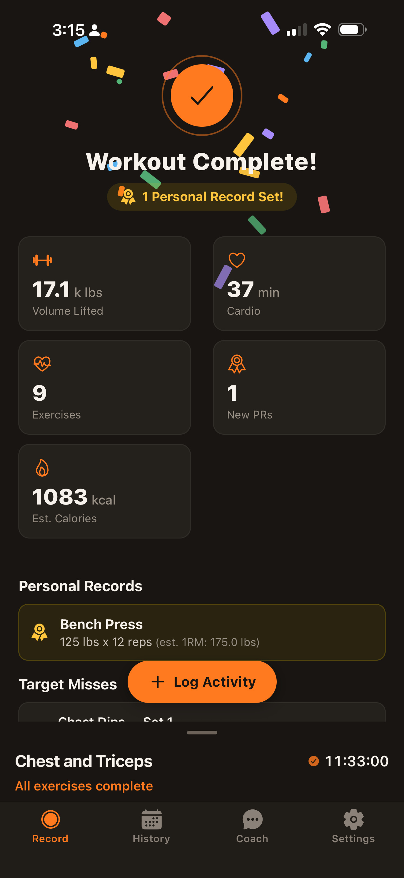 Workout Complete summary with volume, calories, exercises, and new PRs