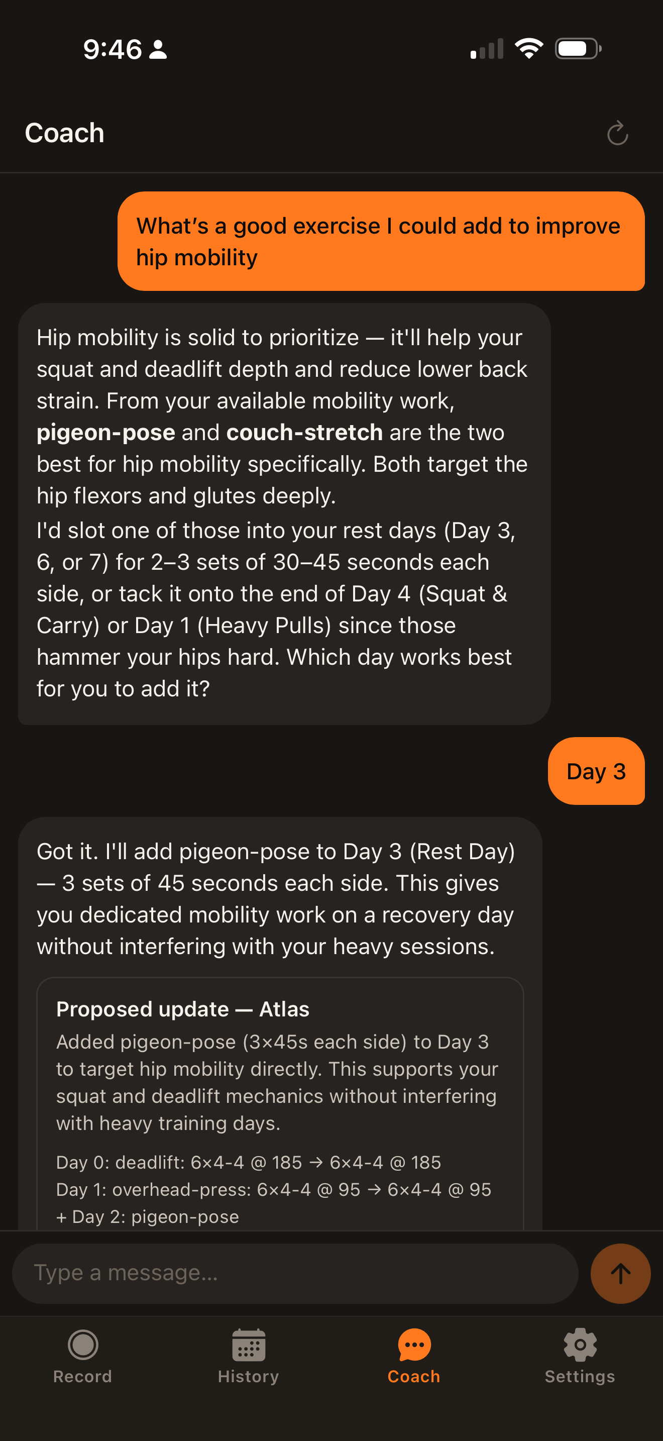AI Coach suggesting equipment alternatives in a chat conversation
