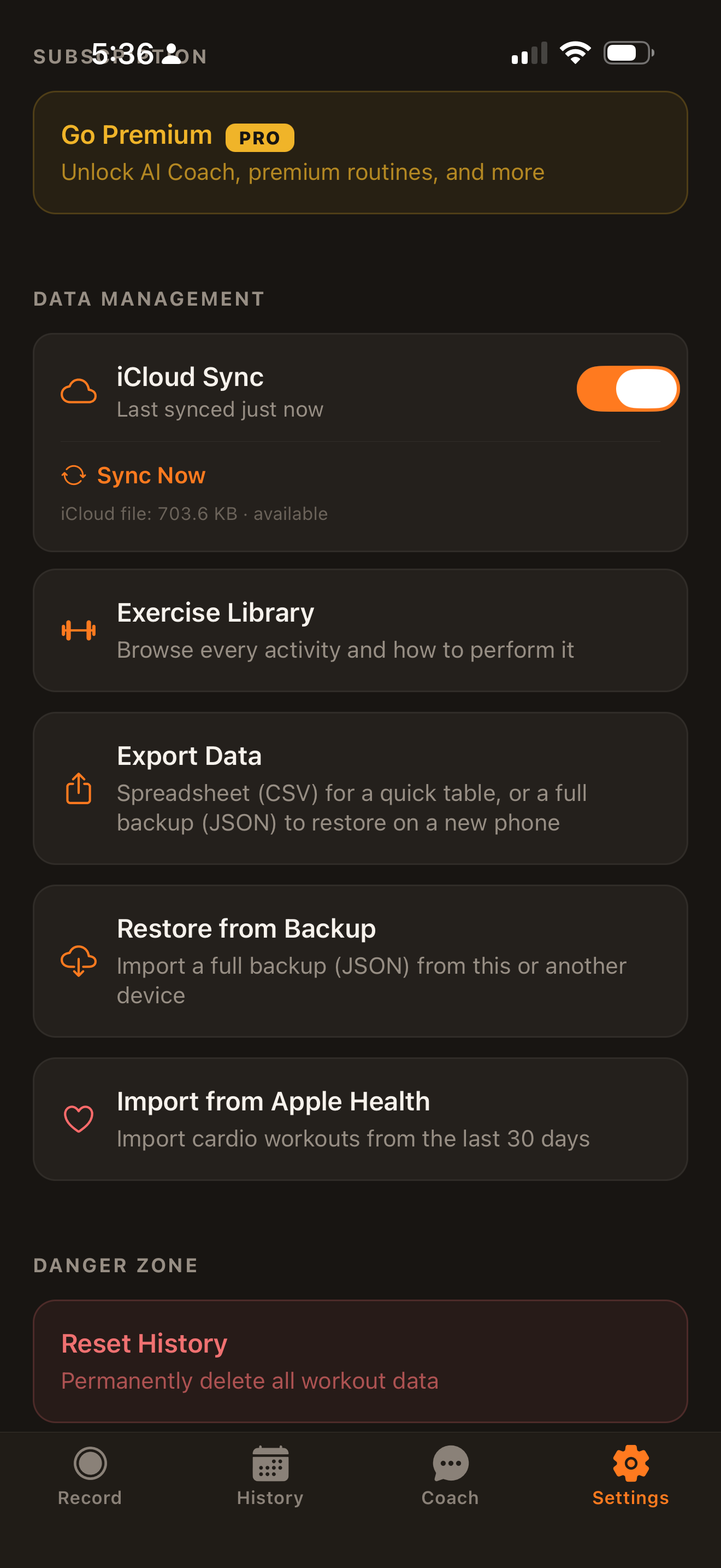 Settings showing iCloud sync, data export, Apple Health import, and reset