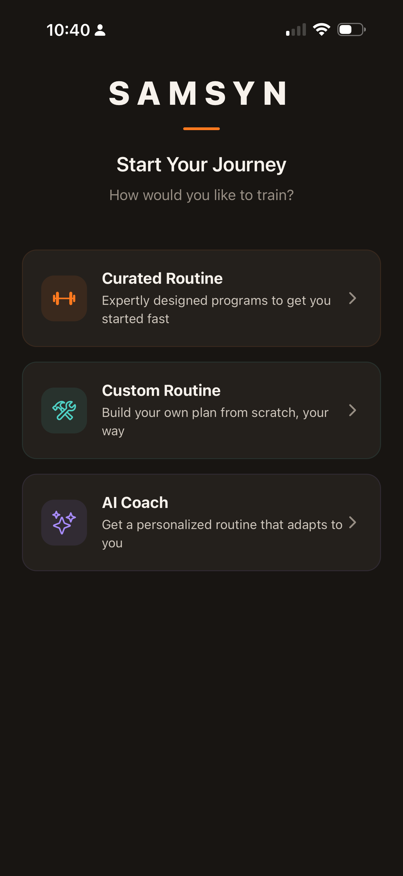 Start screen offering a curated routine, a custom routine, or an AI-coached plan